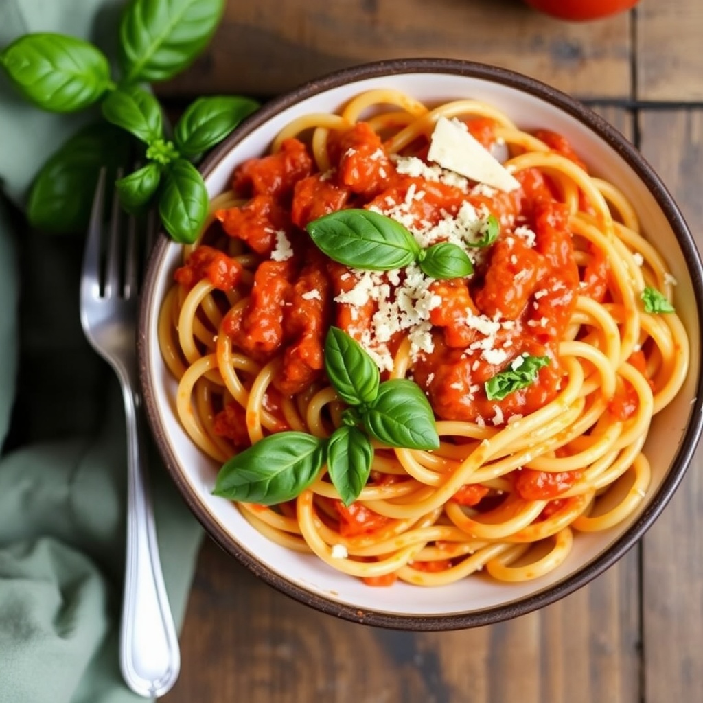 A bowl of creamy tomato basil pasta garnished with fresh basil and Parmesan on a wooden table.